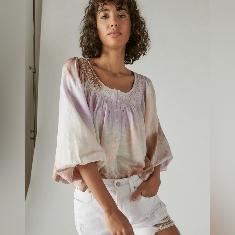Lucky Brand Embroidered Tiedye Peasant Blouse